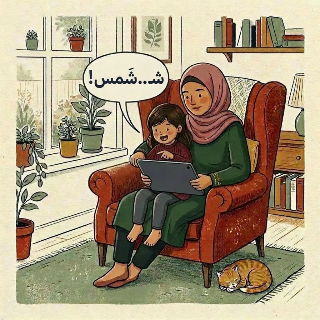 A mother wearing a hijab reading a picture book with her daughter in a red armchair
